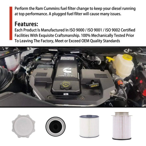 Under-hood view of 6.7L Turbo Diesel engine in Ram truck with Fuel Filter Water Separator Set for 2019-2024 Ram models