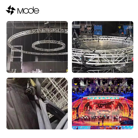 Mode black heavy-duty polyester lifting slings and straps used with circular truss rigging — front view
Mode black heavy-duty polyester lifting slings around a large circular truss — side view
Close-up of Mode black polyester lifting sling fabric with reinforced stitching and hardware
Installed stage rigging scene with Mode slings and truss, colorful lighting