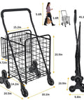 All Terrain Grocery Cart With 360 Degree Swivel Wheels And Stair Climber, collapsible, showing dimensions and tri wheel design