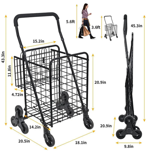 All Terrain Grocery Cart With 360 Degree Swivel Wheels And Stair Climber, collapsible, showing dimensions and tri wheel design