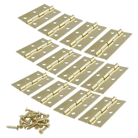 Heavy Duty 12 Pack 2.5 Inch Gold Door Hinges Vintage Cabinet Hardware Includes Extra Screws shown with screws on the side.