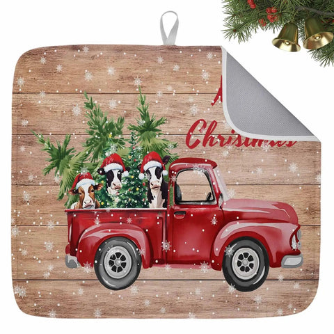Holiday Dish Drying Mat For Kitchen Counter With Red Truck Cows Pine Trees Snowflakes Wood Grain Design Absorbent