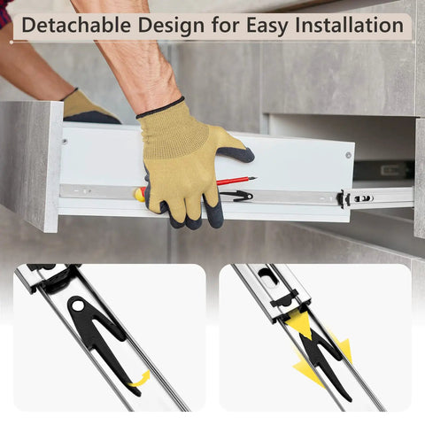 Person installing Heavy Duty 22 Inch Drawer Slides Set With Full Extension Ball Bearing Rails Side Mount Glides Built Tough