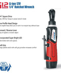12V Cordless Li Ion 1 Quarter Inch Torque Ratchet Wrench Kit With LED Light Ultra Compact and Lightweight with features