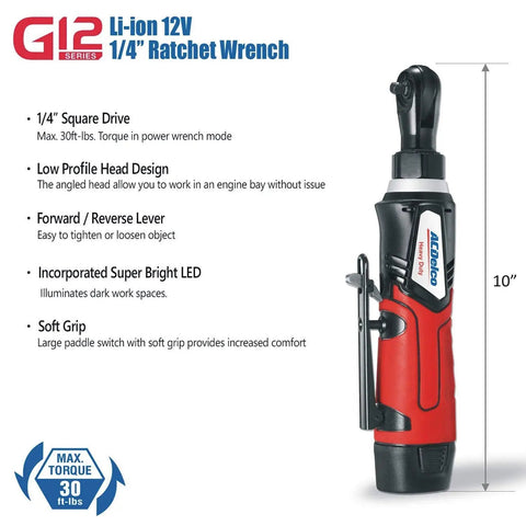 12V Cordless Li Ion 1 Quarter Inch Torque Ratchet Wrench Kit With LED Light Ultra Compact and Lightweight with features