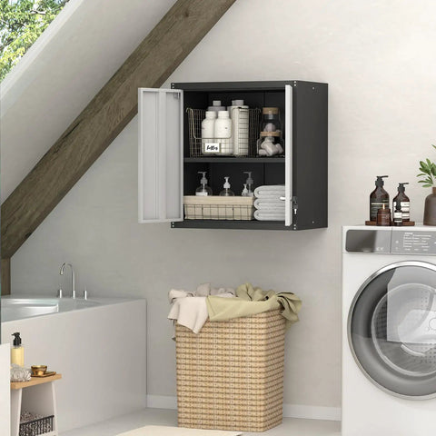 Heavy Duty Wall Mounted Steel Garage Cabinet With Locking Doors And Adjustable Shelves Built To Last Storage For Your Workshop Or Shed Utility Room Black And Gray Finish