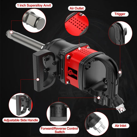 One Inch Air Impact Wrench Built Tough As Nails For Heavy Duty Repair Shops Packing 3550 Ft Lbs Of Hammering Power And 5000 Rpm Free Speed with features detailed.
