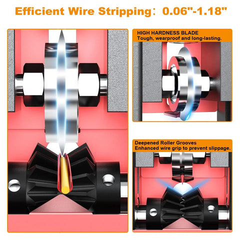 Close-up of Go-To Manual Wire Stripper Machine showing high hardness blade and roller grooves for efficient wire stripping.