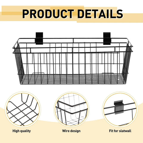 Two Large Black Slatwall Wire Baskets For Wall Mount 23.6 By 11.8 By 7.9 Inches Metal Slatwall Storage Baskets For Kitchen Garage And Home Display Heavy Duty Versatile Slatwall Organizer