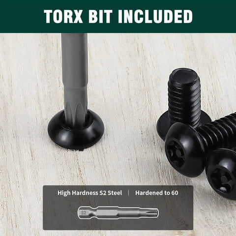 Rock Hard 1/4-20 X 1 Inch Button Head Security Screws Crafted From Premium 304 Stainless Steel With Grippy Black Pinned Torx Drive with included driver bit.