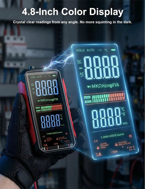 Auto Range True RMS Digital Multimeter With USB Rechargeable Battery Voltmeter showing 4.8-inch full color LCD display