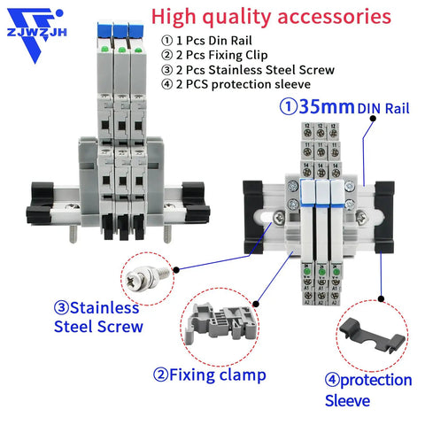Ultra Compact 110V AC DC Power Relay With LED Indicator No Fuss Easy Install SPDT 1NO 1NC 6 Amp Socket Base And DIN Rail Mount UL Listed 110V To 120V Subminiature Relay HF41F60ZS Style 3 Pack with accessory set including DIN rail, screws, and protection sleeves.