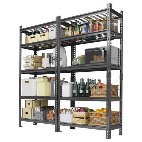 Rust Proof Iron Storage Shelf Two Pack No Tools Needed For Ten Minute Assembly Heavy Duty Garage And Kitchen Rack with items