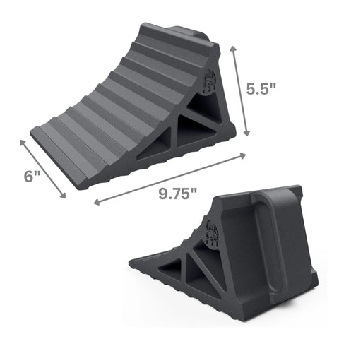Heavy Duty Wheel Chocks With Handle 2 Pack For Campers Trailers And RVs Wide 6 Inch Footprint Grooved To Prevent Tire Slips Made From 100 Percent Recycled Rubber Easy On Easy Off close-up view