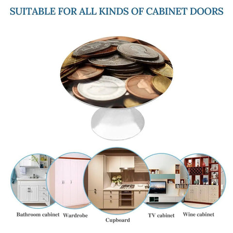 2 Pack 1.1 Inch Round Currency Coin Cabinet Knobs In Stainless Steel on various cabinet doors