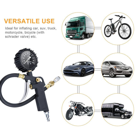 AstroAI tire pressure gauge with inflator and 2.5-inch glow dial; heavy-duty air chuck and case