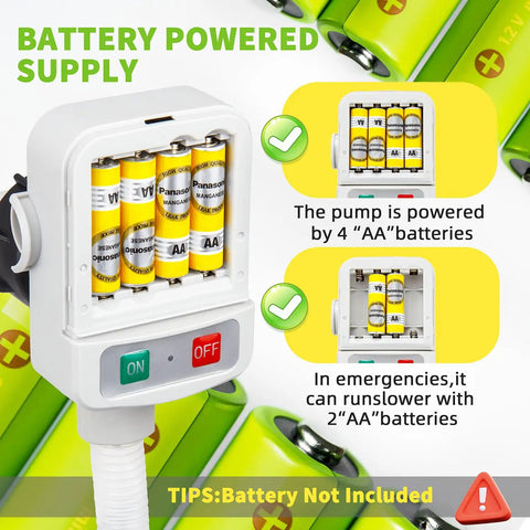 Portable Battery Powered Fuel Transfer Pump With 3 Adapters showing battery compartment with AA batteries visible