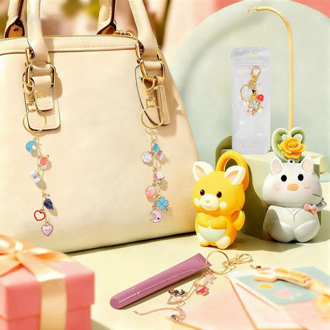All In One Lip Gloss Keychain Making Kit With 100 Enamel Charms showcasing keychains on a handbag with dog and cat figures.