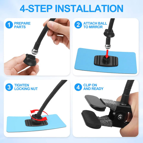 4-step installation of Real Deal Rectangle Convex Traffic Safety Mirror 6.7 By 3 Inches with ball attachment and clips.