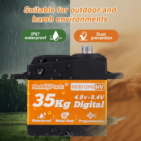Front view of HobbyPark 35kg Digital HV servo with orange label, IP67 waterproof, metal gear.