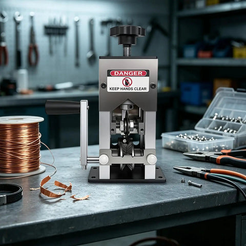 Heavy Duty Portable Wire Stripping Tool For Scrap Copper Recycling on workbench with copper wire and tools nearby.