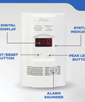 Carbon Monoxide And Explosive Gas Alarm Plug In With 9V Battery Backup Digital Display And LED Status Indicators For Natural Gas And Propane Detection 85 dB Alarm Must Have For Home Safety with labeled features