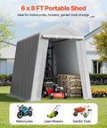 Heavy-Duty Portable Outdoor Storage Shed Tent 6x8x7 Ft With Roll-Up Zipper Door Vent Panels UV-Resistant Canopy Carport Shelter for Motorcycle Bike Lawn Mower Tools Gear Gray in backyard setup