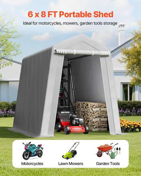 Heavy-Duty Portable Outdoor Storage Shed Tent 6x8x7 Ft With Roll-Up Zipper Door Vent Panels UV-Resistant Canopy Carport Shelter for Motorcycle Bike Lawn Mower Tools Gear Gray in backyard setup