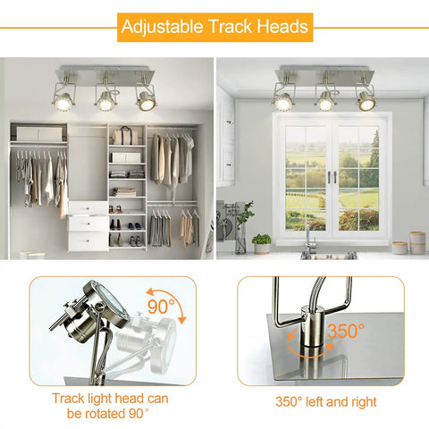 Three Light Ceiling Track Lighting Fixture With Flexible GU10 Heads In Brushed Nickel shown in kitchen and closet setups