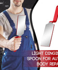 Pro Grade Auto Body Dinging Spoon Dent Repair Slapper Tools For Smoothing Dings On Metal Panels And Bodywork, Easy Ridged Alignment For Cars Planes And Industrial Panel Repairs shown held by mechanic
