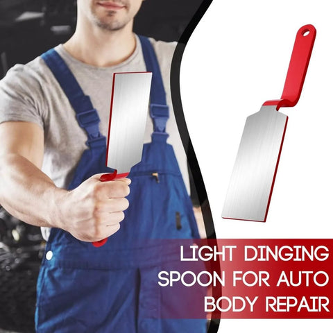Pro Grade Auto Body Dinging Spoon Dent Repair Slapper Tools For Smoothing Dings On Metal Panels And Bodywork, Easy Ridged Alignment For Cars Planes And Industrial Panel Repairs shown held by mechanic