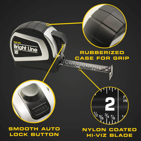 High Contrast Easy Read Tape Measure For Low Light With Dual Sided Auto Lock Retractable 18 Feet Heavy Duty Rubber Case Inch Fractions Nylon Coated Steel Blade, close-up of features.
