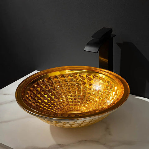 Bathroom Vessel Sink Vanity Tempered Glass Vessel Bowl Sink Round Countertop Sink Bowl Above Counter Sink Art Basin With Waterfall Faucet Pop Up Drain with golden glass finish.