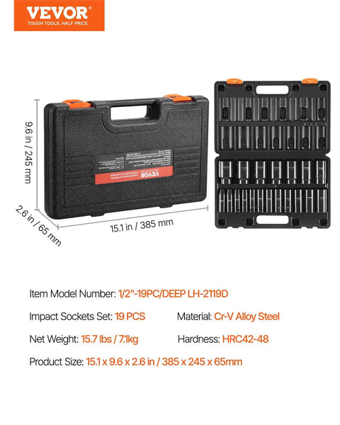 Impact Socket Set One Half Inch Drive, 19 Piece Deep Sockets, Six Point, CRV Steel, Heavy Duty Build with Rugged Storage Cage