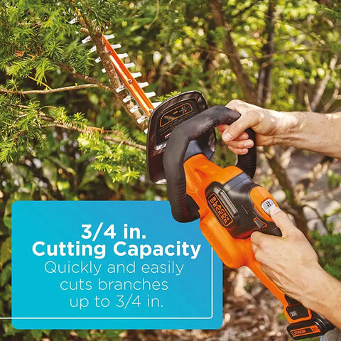 20V Max Cordless Hedge Trimmer with Power Command Powercut cutting 3/4 inch branches, ergonomic grip, trimming action