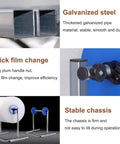 Vertical Bubble Wrap Roll Dispenser Heavy Duty Film Packing Station with galvanized steel frame and quick film change feature.