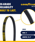 Heavy Duty Four Rib Serpentine Belt Fifty One Point Two Inch Wrap With Top Shelf EPDM Rubber and Balanced Polyester Cords for Smooth Engine Power Transfer