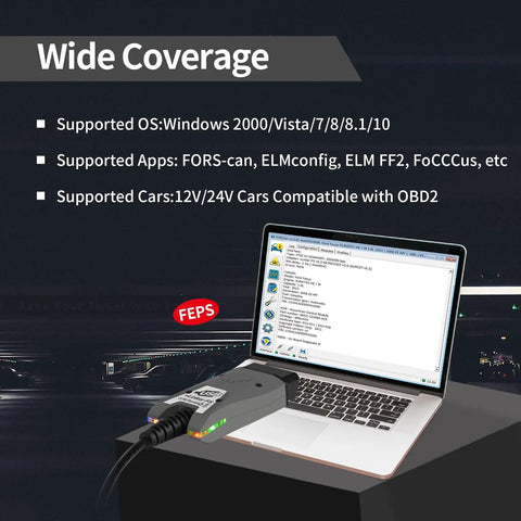 FORScan USB OBD2 Adapter For HS And MS CAN Auto Switch alongside laptop showing diagnostic software screen
