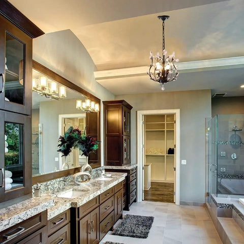 Vintage Style K9 Clear Crystal Chandelier Set Of 3 Pendant Lights illuminating elegant bathroom in black finish, 39 inch chain.