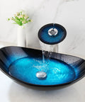 Blue 21 Inch Oval Glass Vessel Sink With Faucet And Pop Up Drain Above Counter Modern Bathroom Vanity Setup Tempered Hand Painted Glass Artistic Yet Slick