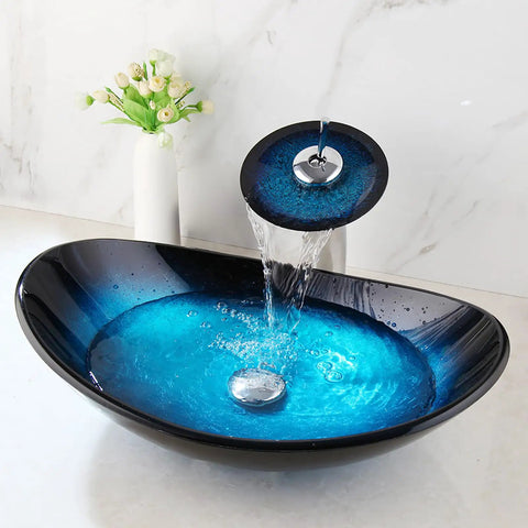 Blue 21 Inch Oval Glass Vessel Sink With Faucet And Pop Up Drain Above Counter Modern Bathroom Vanity Setup Tempered Hand Painted Glass Artistic Yet Slick