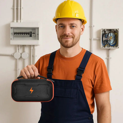 Electrician holding Universal Multimeter Case Gear For Electrical Tools Keeps Pro Grade MM300 MM325 And Similar Models Neatly Stored