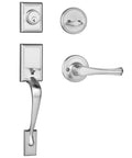 Ridgecrest Front Door Handleset With Vail Lever, Satin Nickel US15 Finish, Adjustable Backset From Two Three Eighths To Two Three Quarters