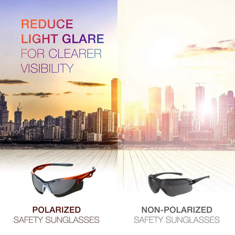Comparison of polarized and non-polarized safety sunglasses for clearer visibility with city skyline background.