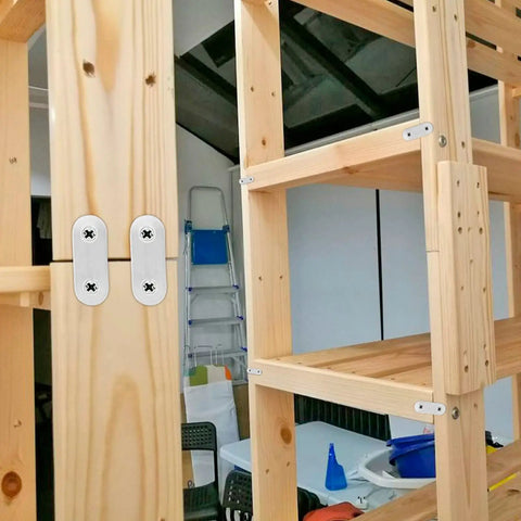 Heavy Duty Straight Corner Braces Forged From Top Shelf Stainless Steel Metal Frame Anchors on a wooden shelf structure.