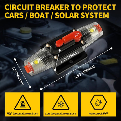 50 Amp Manual Reset DC Circuit Breaker Weatherproof Inline Fuse Holder For 12 To 48 Volt Systems With 3 15 AWG Leads Overload Protection For Car Audio Amp RV Boat Marine Truck Solar Pack Of 2, shown with 50A housing and size markings