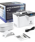 Life Basis ultrasonic jewelry cleaner, white front view with digital timer; includes basket, cord, stand, manual, box