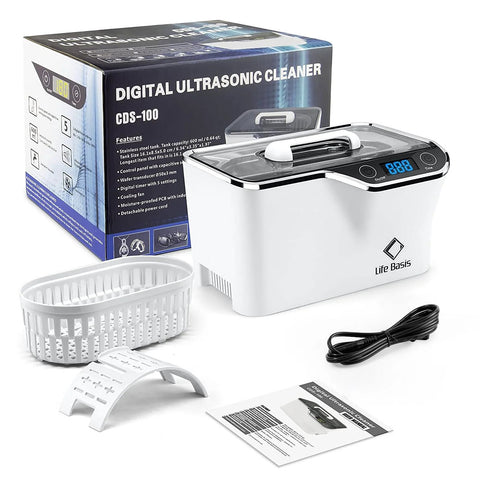 Life Basis ultrasonic jewelry cleaner, white front view with digital timer; includes basket, cord, stand, manual, box