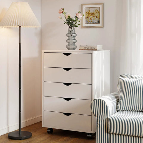 Five Drawer On Wheels Mobile Storage Chest, Space Saving Wooden Dresser For Home Office, White Wood Finish, in room setting