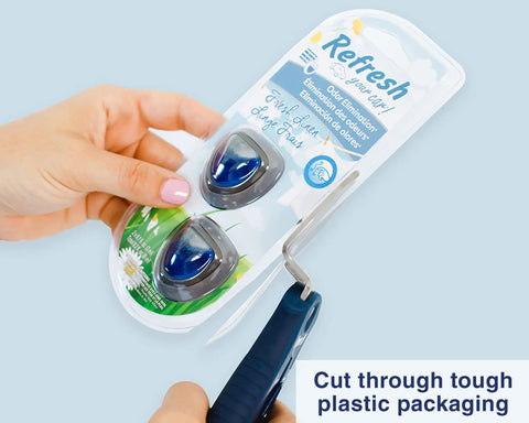 Using 4-In-1 Box Cutter And Package Opener Tool With Heavy Duty Scissors Retractable Blade And Screwdriver to open plastic package